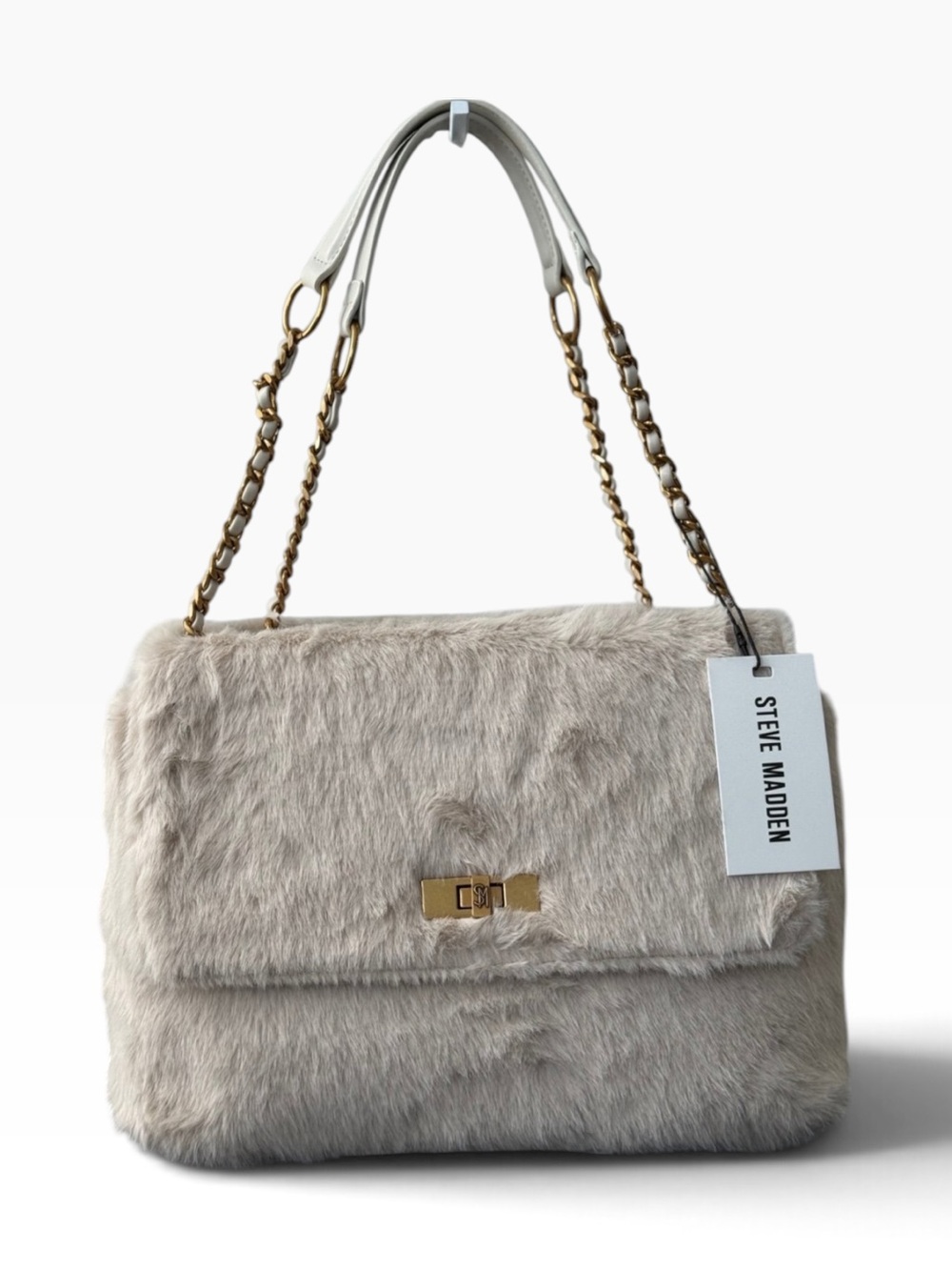 Steve Madden Bkolman Tan Faux Fur Luxe Satchel Shoulder Bag Chain Strap Viral